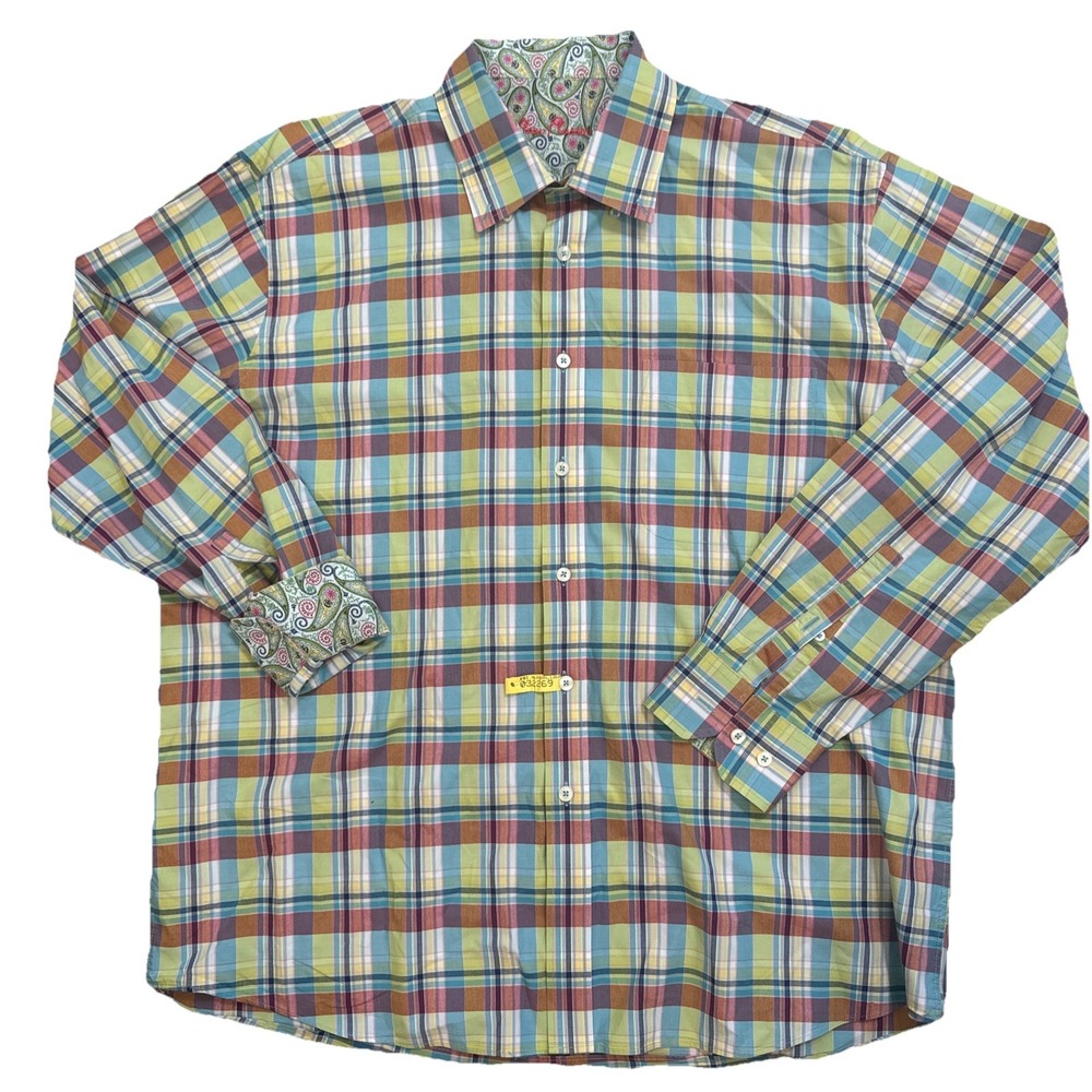 Alan Flusser Long Sleeved 100% Cotton Plaid &‎ Paisley Button Up Shirt Men's XL